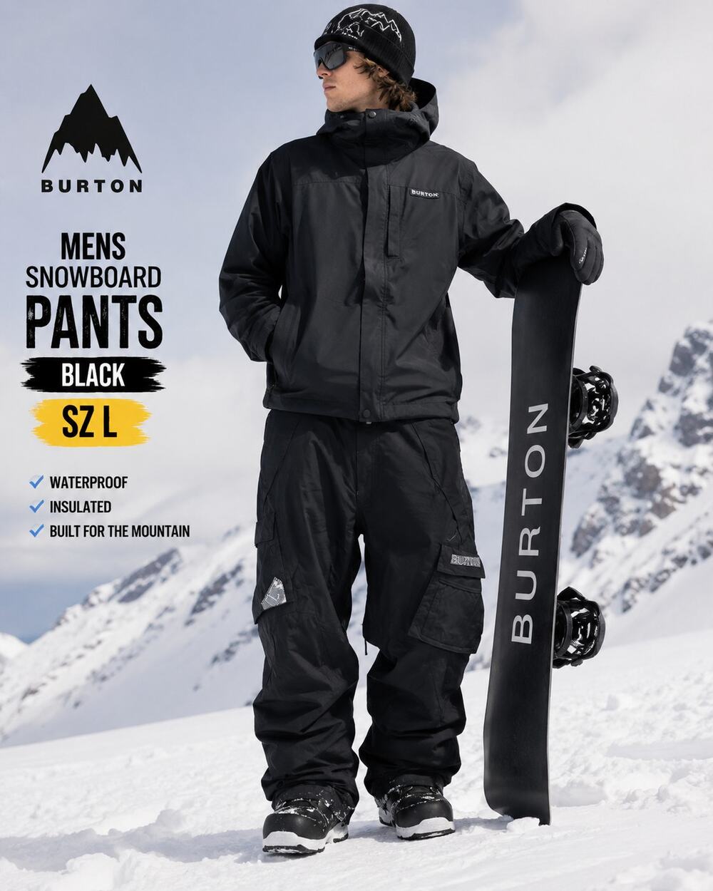 Burton Mens Snowboard Pants Black SZL Cargo Waterproof Insulated Ski Snow